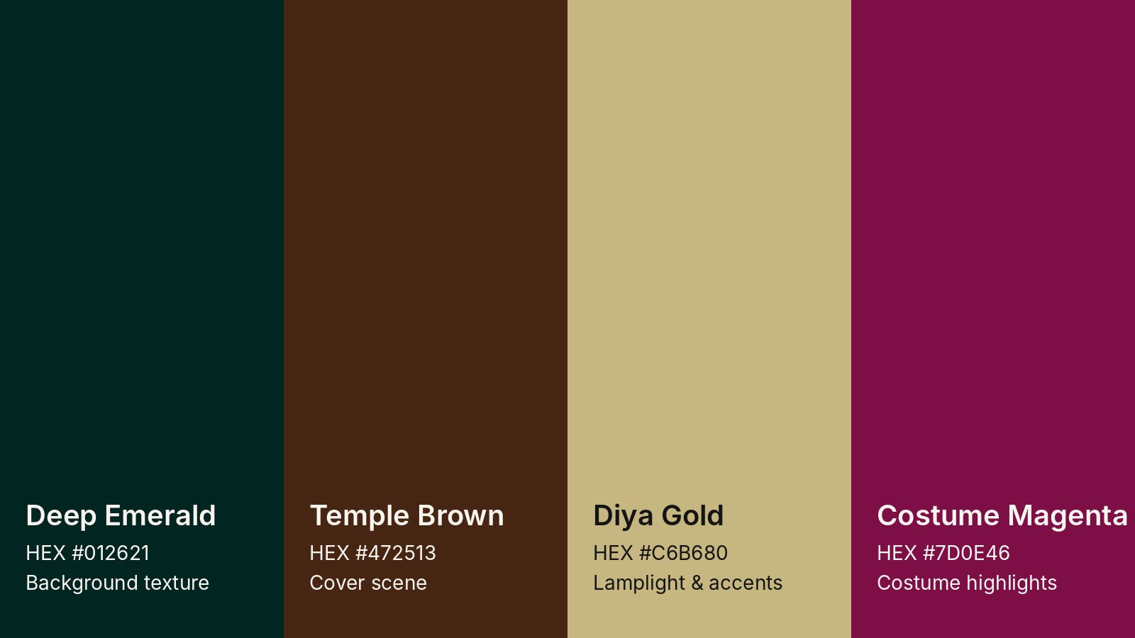 Invitation color palette: Deep Emerald #012621, Temple Brown #472513, Diya Gold #C6B680 and Costume Magenta #7D0E46