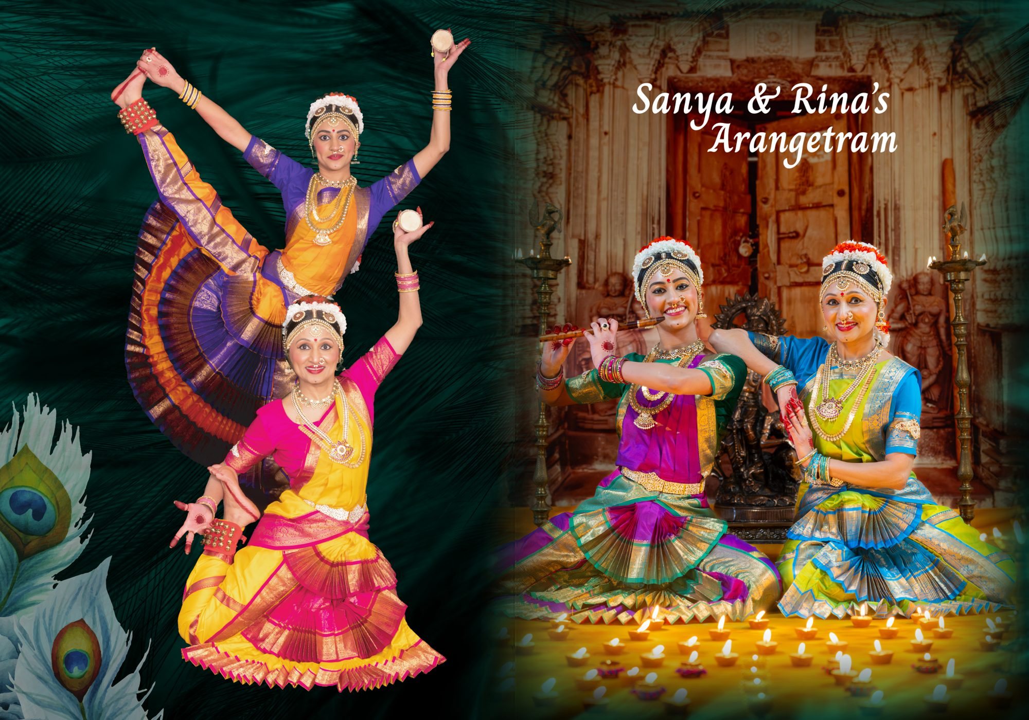 Outside spread of the folded invitation: back cover with two dancers posed against emerald feathers on the left, and the temple-scene front cover on the right