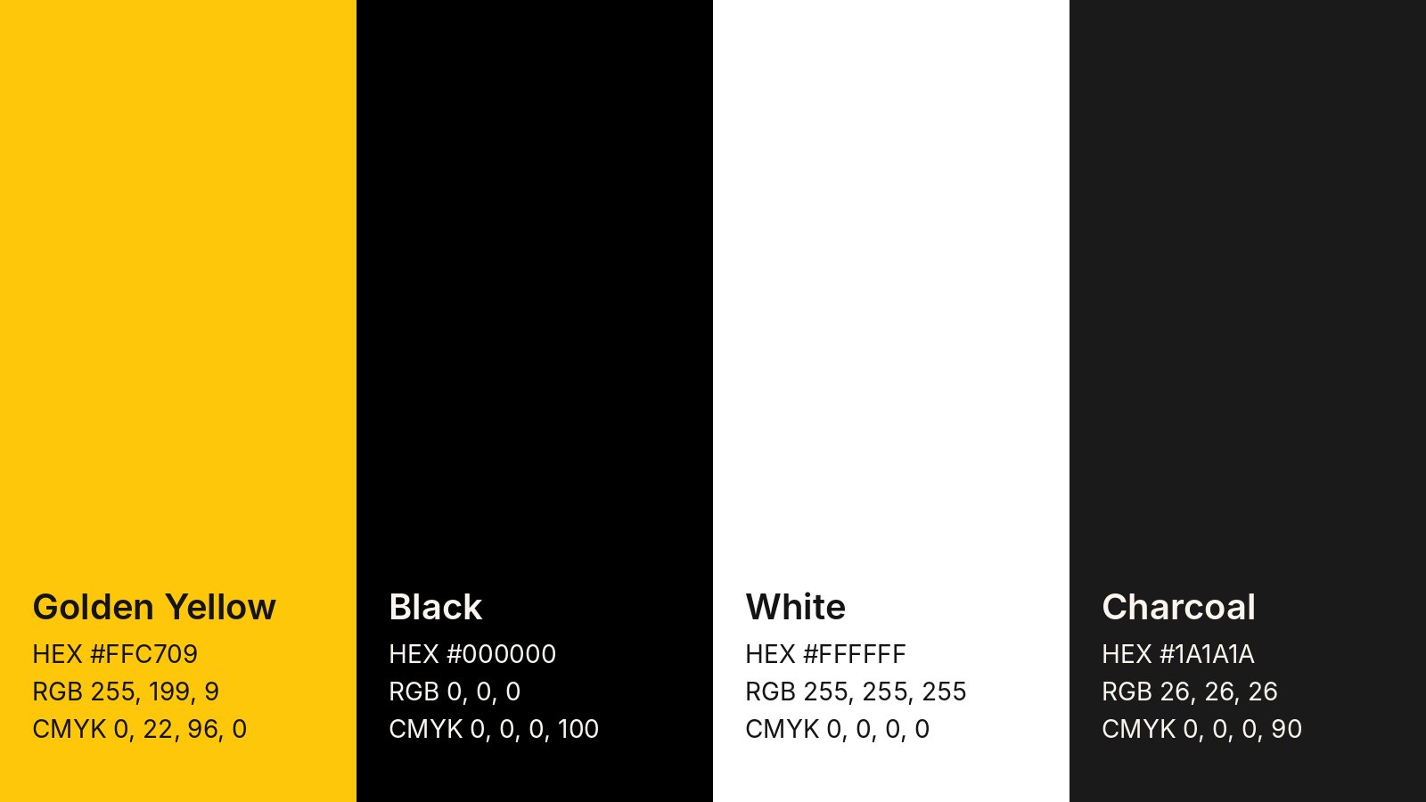 Pure Psychiatry color palette: Golden Yellow #FFC709, Black #000000, White #FFFFFF and Charcoal #1A1A1A with RGB and CMYK values