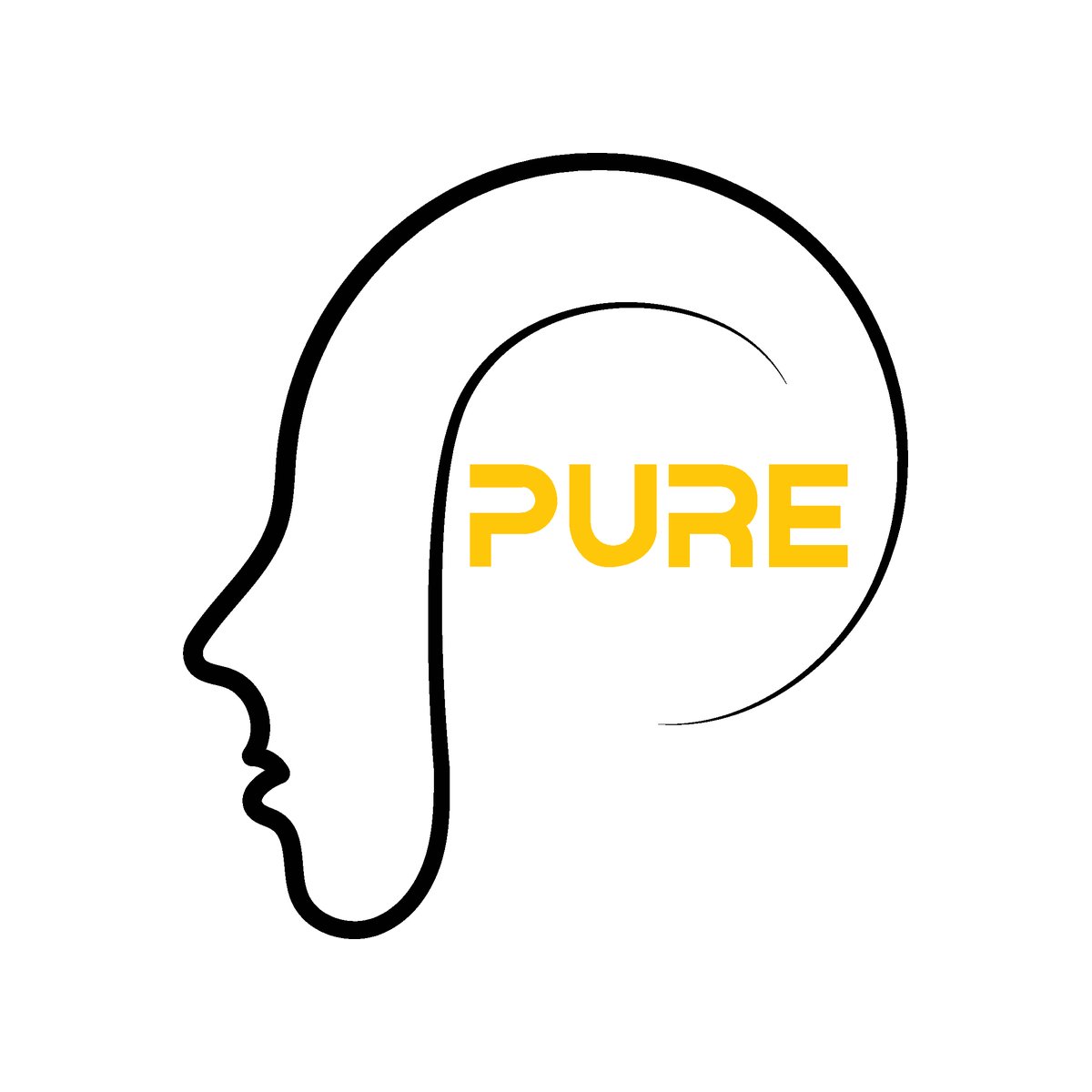 Pure Psychiatry logo: a single black line drawing a face in profile that curls into the letter P, with PURE in golden yellow inside the head