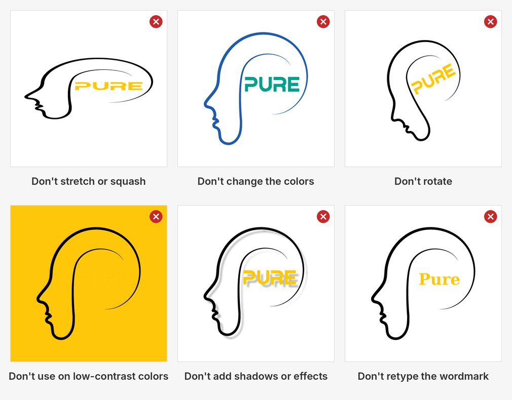 Six incorrect uses of the logo: stretched, recolored, rotated, on a yellow background, with a drop shadow, and with the wordmark retyped in a different font